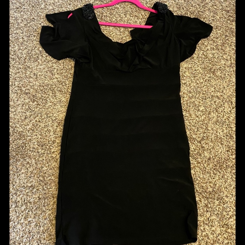 Stretchy Black Dress with Beaded Shoulders and Flutter Sleeves. Fits Many Sizes